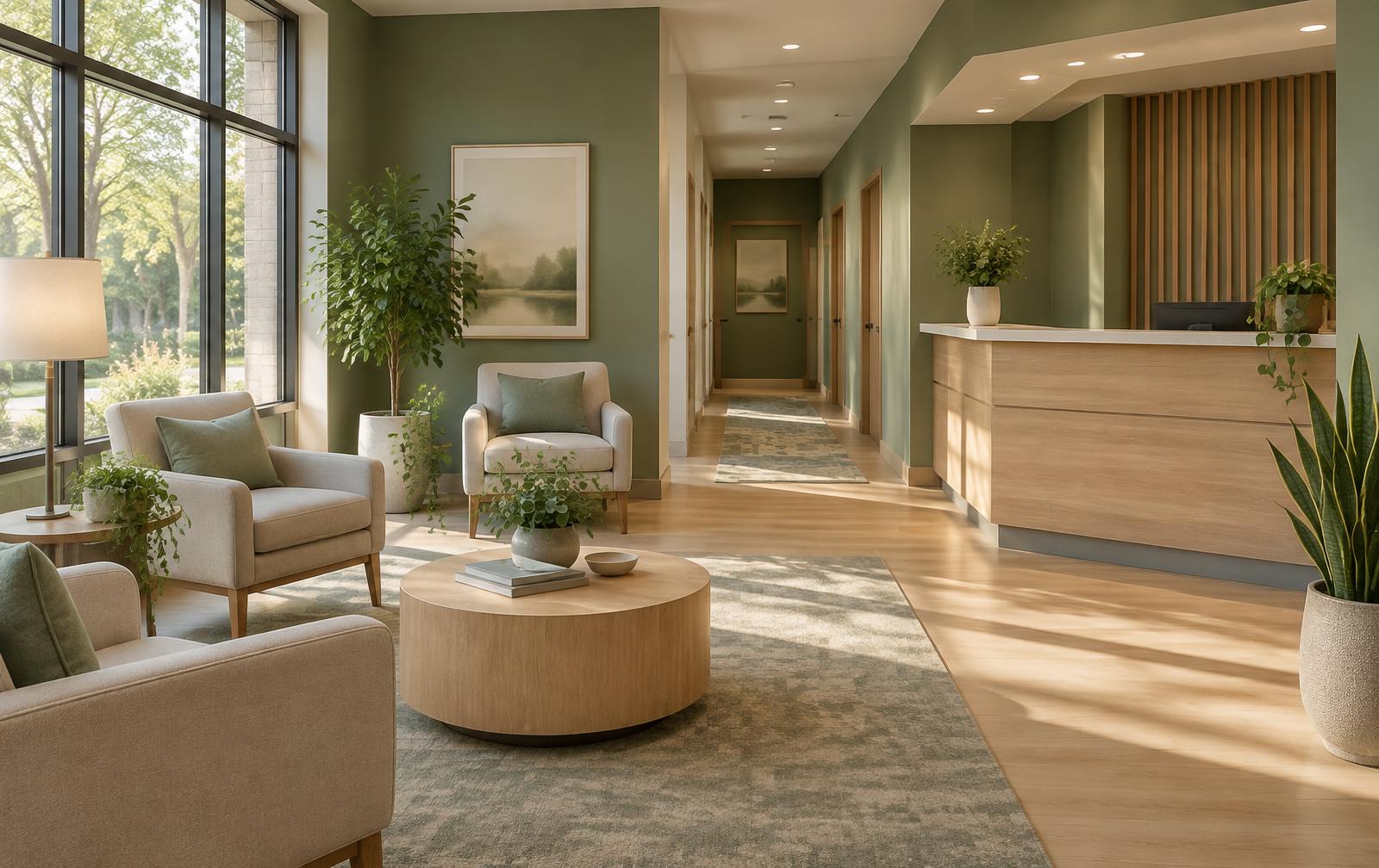 Sunlit reception area of a TMS clinic in Illinois