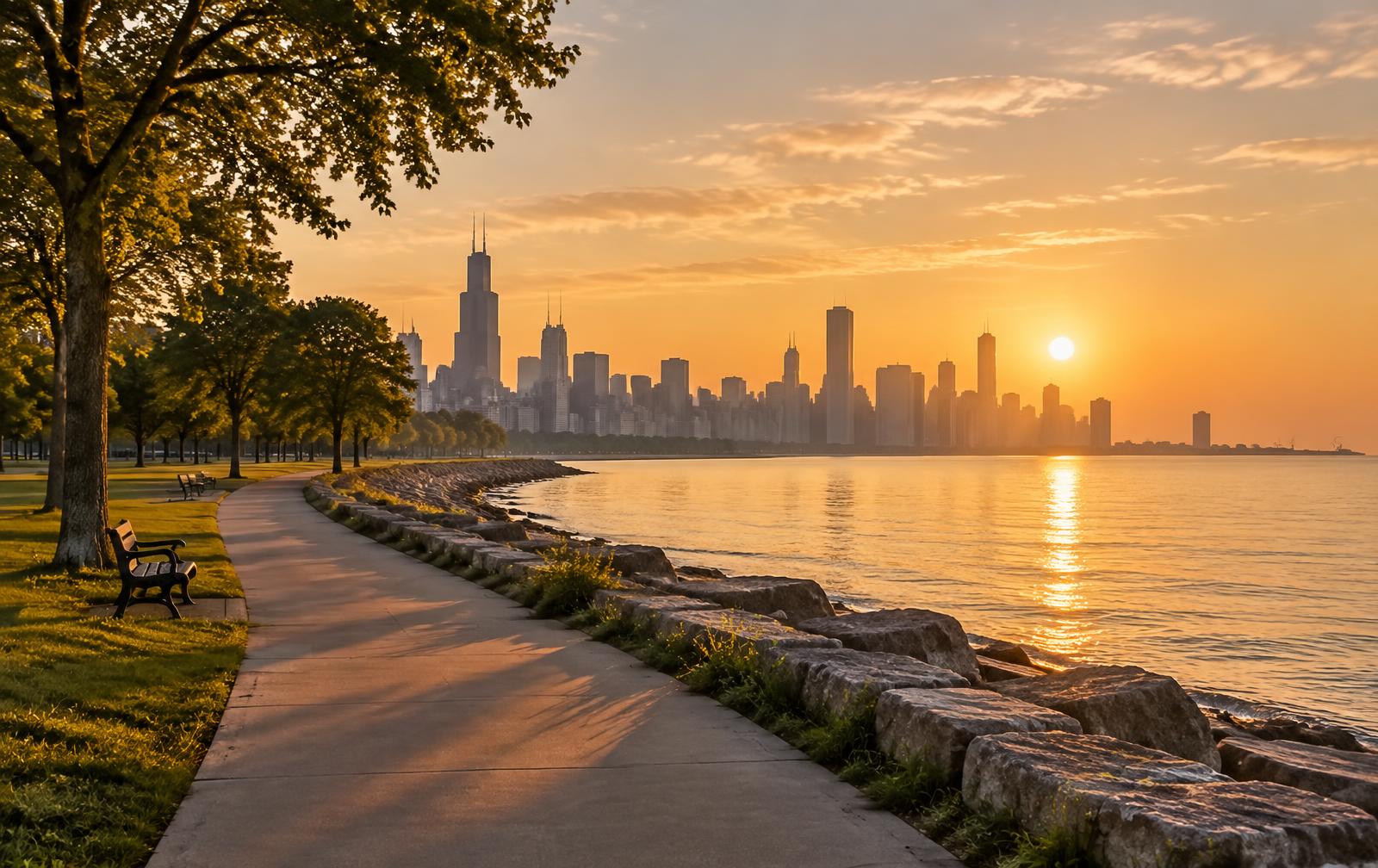 Chicago lakefront path at golden hour